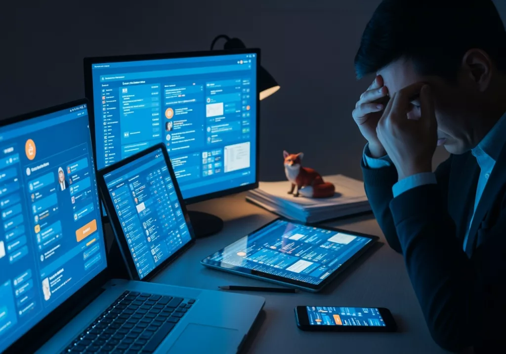 Personne fatiguée devant plusieurs écrans numériques avec notifications, illustrant la fatigue numérique face aux supports papier reposants avec figurine de renard