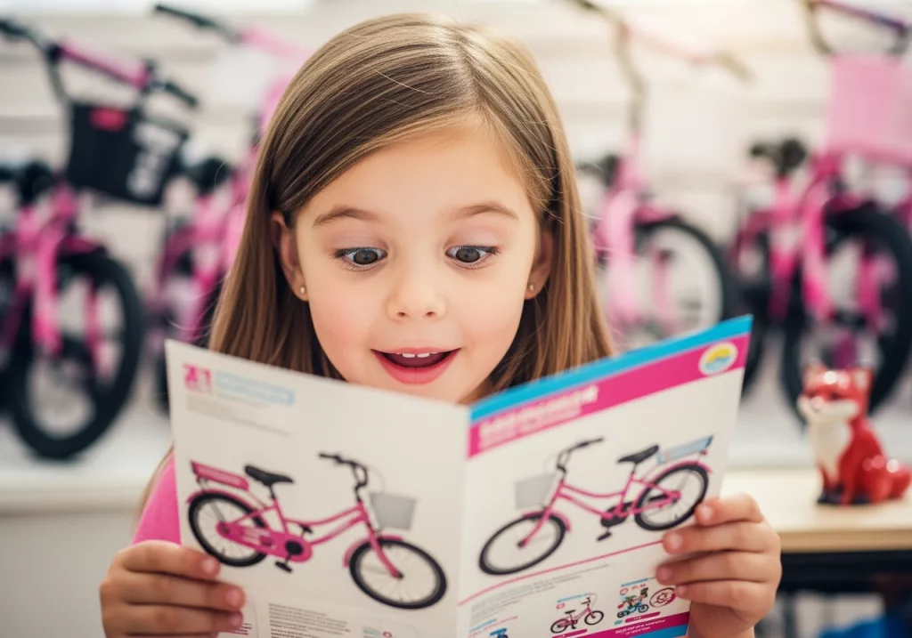 Petite fille de 4 ans au visage émerveillé consultant un dépliant papier pour vélo rose, illustrant l'engagement émotionnel des supports print avec figurine de renard