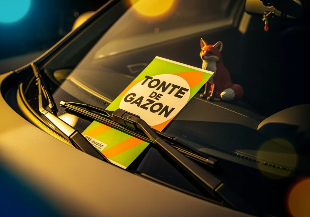 Flyer "Tonte de gazon" maintenu sous l'essuie-glace d'une voiture avec figurine de renard visible à l'intérieur, illustrant le marketing de proximité efficace