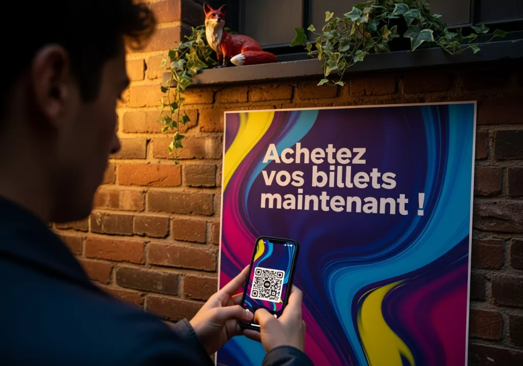Personne scannant un code QR sur un poster de spectacle "Achetez vos billets maintenant !" illustrant l'approche hybride papier-numérique avec figurine de renard