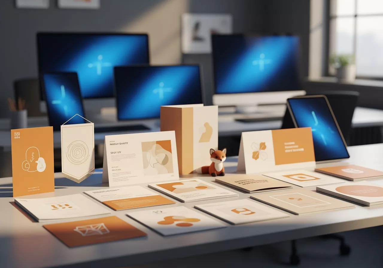 Renard roux tenant des supports papier de qualité (flyers, dépliants, bannières) contrastant avec des écrans numériques en arrière-plan, illustrant la préférence pour les supports print face à la fatigue numérique